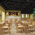 Natural Modern Restaurant Interior With Open Layout Wooden Tables Chairs Wall Art And Green Plants