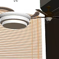 White Multi Layer Pendant Light With Ceiling Fan In Room With Window Blinds Wooden Wall