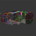 Abandoned Street Style Scenery With Graffiti Covered Cubes Wooden Crate And Scattered Items Tables Chairs