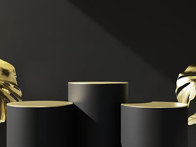 Commercial Equipment Display Black Cylindrical Pedestals With Golden Tops And Leaf Decorations 3d model