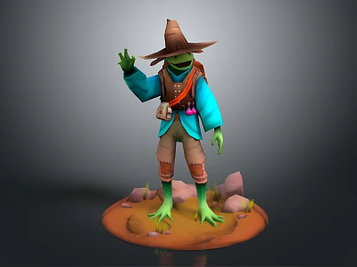 Anthropomorphic Frog Character Wearing Wizard Hat Blue Coat Brown Pants Waving Hand On Rocky Base 3d model