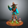 Anthropomorphic Frog Character Wearing Wizard Hat Blue Coat Brown Pants Waving Hand On Rocky Base