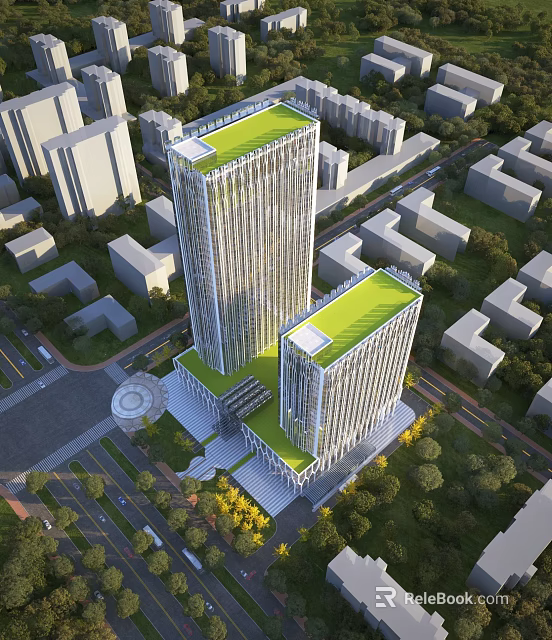 Birds Eye View Planning of Modern High Rise Buildings with Green Roofs and Urban Greenery 3d model 