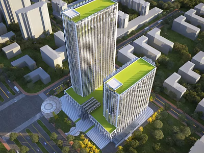 Birds Eye View Planning of Modern High Rise Buildings with Green Roofs and Urban Greenery 3d model