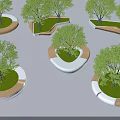 Modern Circular Tree Planters With Wooden Frames Green Grass And Seating Design 3d model