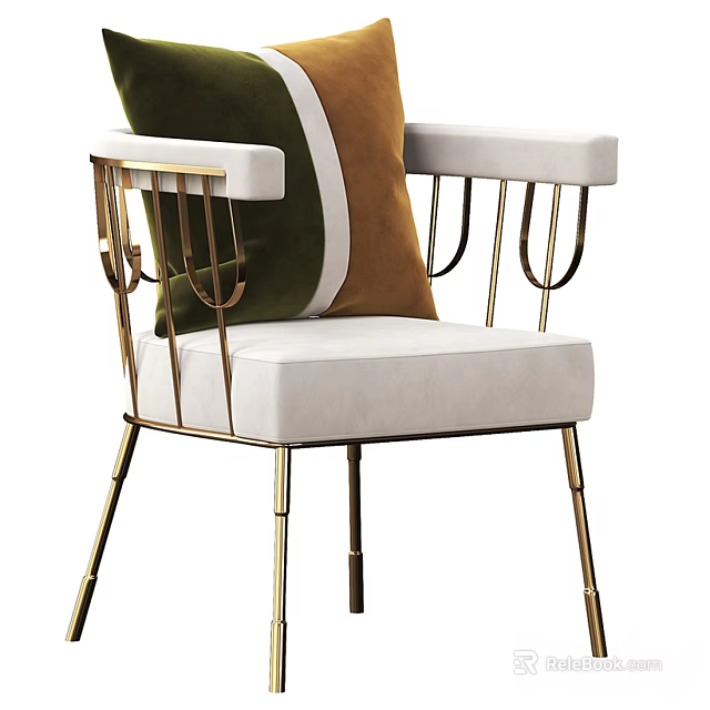 Elegant White Armchair With Gold Metal Frame And Green Brown Decorative Pillows 3d model 