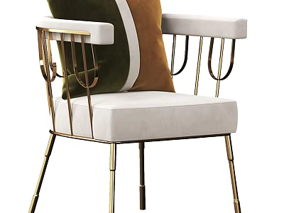 Elegant White Armchair With Gold Metal Frame And Green Brown Decorative Pillows 3d model