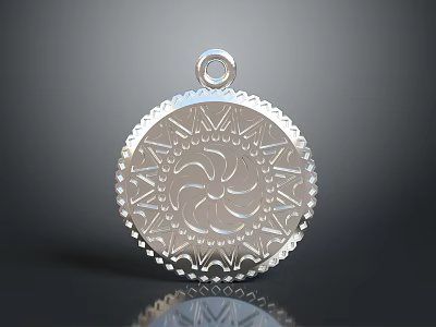 Stylish Silver Round Pendant With Ornate Sunburst Pattern And Decorative Edge 3d model