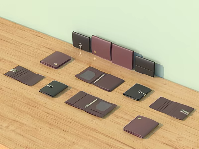 Multiple Various Colored Wallets On Wooden Tabletop With Open And Closed Designs And Metal Clasps 3d model