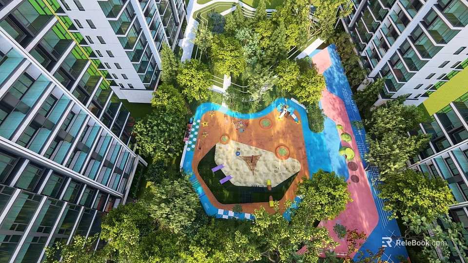 Colorful Children's Play Area With Sandpit Slides Lush Trees And High Rise Buildings 3d model 