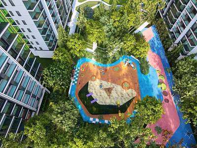 Colorful Children's Play Area With Sandpit Slides Lush Trees And High Rise Buildings 3d model