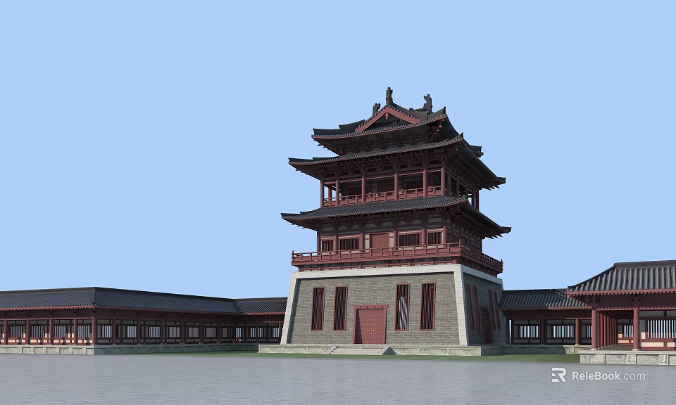 Ancient Chinese Architecture Multi Storey Pavilion with Traditional Curved Eaves Red Structure and Stone Base 3d model 