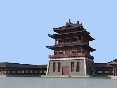 Ancient Chinese Architecture Multi Storey Pavilion with Traditional Curved Eaves Red Structure and Stone Base 3d model