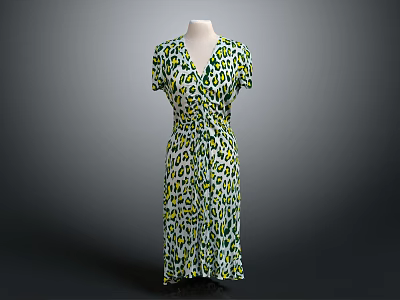 Stylish Leopard Print Wrap Dress with V Neck Short Sleeves and Mid Length Design 3d model