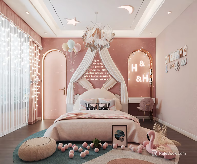 Pink Kids Room Interior With Rabbit Ear Headboard Star Ceiling Neon Light And Flamingo Toys 3d model 