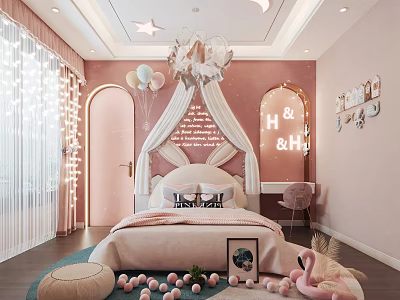 Pink Kids Room Interior With Rabbit Ear Headboard Star Ceiling Neon Light And Flamingo Toys 3d model