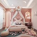 Pink Kids Room Interior With Rabbit Ear Headboard Star Ceiling Neon Light And Flamingo Toys
