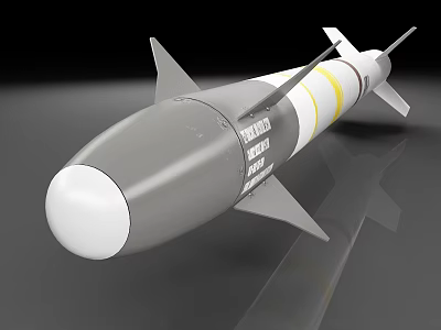 Military Missile With Gray Body White Nose Cone Yellow Stripes And Tail Fins 3d model