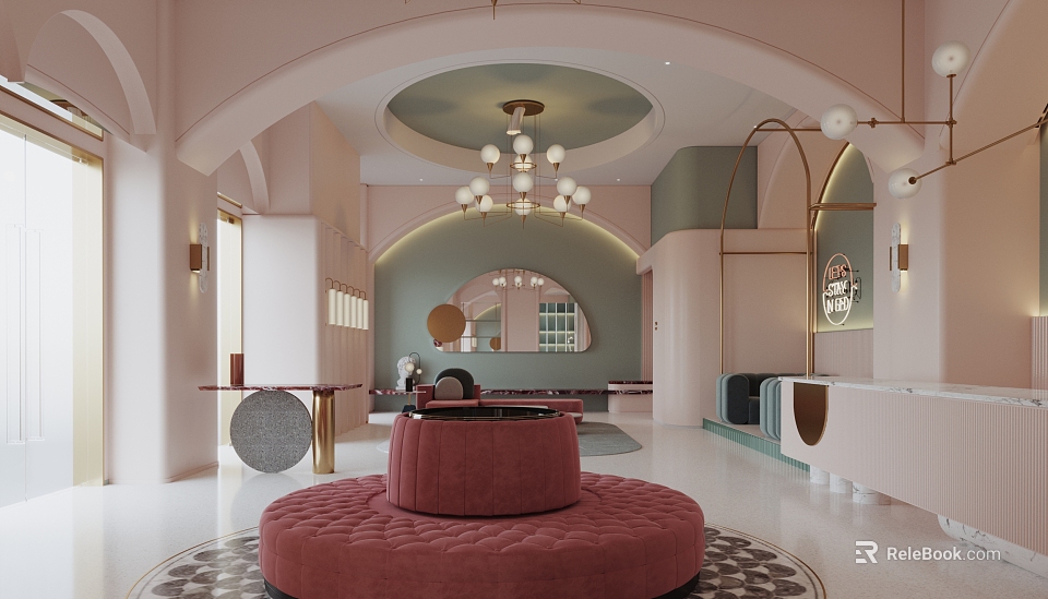 Elegant Shop Front Desk Interior With Curved Design Soft Tones And Pink Seating 3d model 