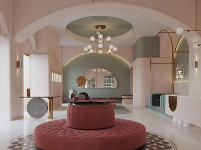 Elegant Shop Front Desk Interior With Curved Design Soft Tones And Pink Seating 3d model