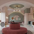 Elegant Shop Front Desk Interior With Curved Design Soft Tones And Pink Seating