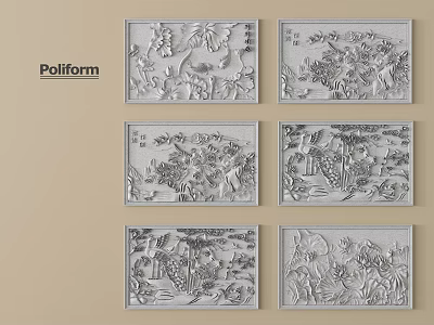 Pollform Six Square Traditional Carved Decorative Panels with Landscape Floral Patterns 3d model