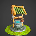 Traditional Garden Ornament With Wooden Roof Green Tiles Circular Stone Base Red Bucket And Grass