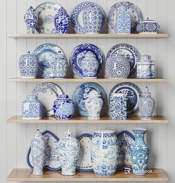 Blue and White Ceramic Ware Display with Plates Jars and Vases on Shelves 3d model 