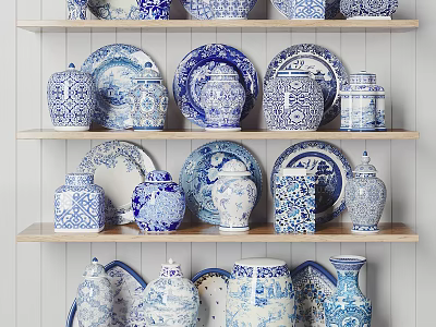 Blue and White Ceramic Ware Display with Plates Jars and Vases on Shelves 3d model