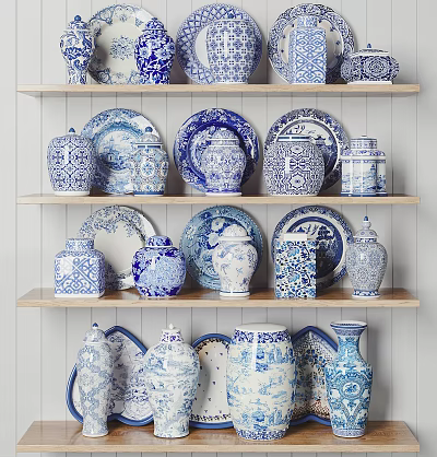 Blue and White Ceramic Ware Display with Plates Jars and Vases on Shelves 3d model