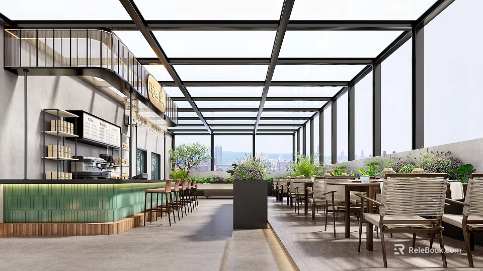 Modern Glass Roof Cafe With Large Windows Bar Counter Tables Chairs City View And Plants 3d model 