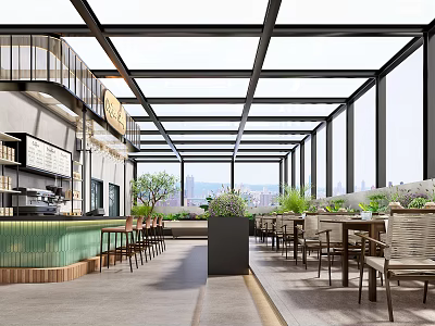 Modern Glass Roof Cafe With Large Windows Bar Counter Tables Chairs City View And Plants 3d model
