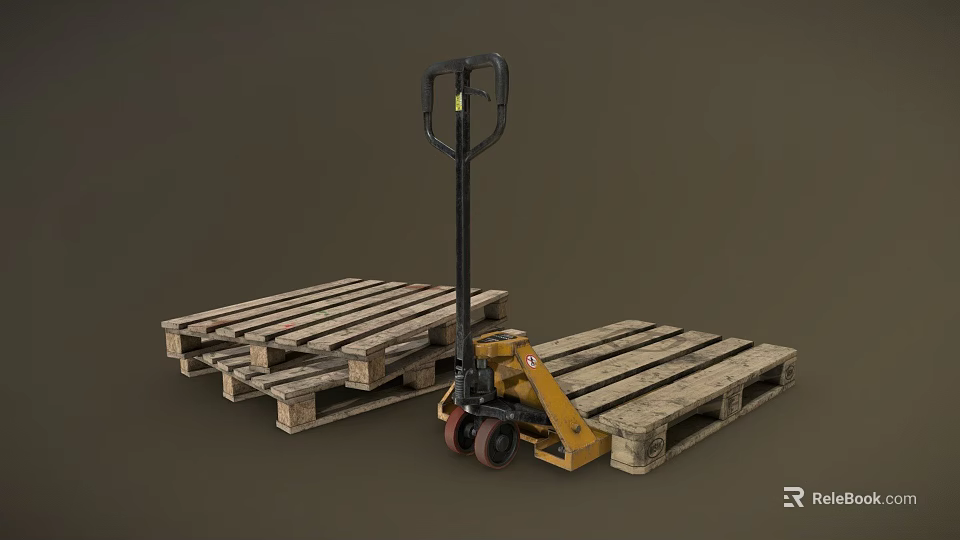 Manual Pallet Jack With Stacked Wooden Pallets For Warehouse Material Handling 3d model 
