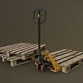Manual Pallet Jack With Stacked Wooden Pallets For Warehouse Material Handling
