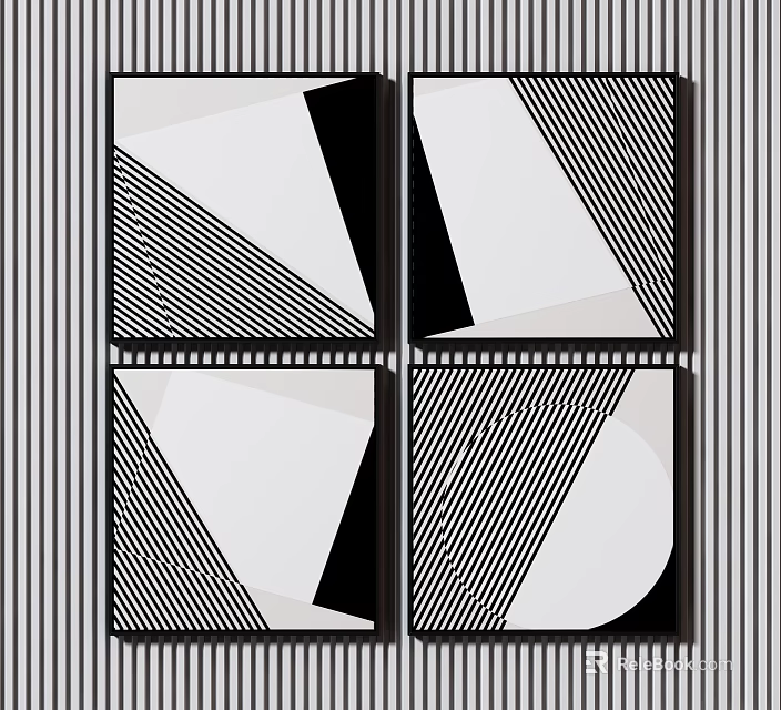 Abstract Black And White Geometric Art With Four Panel Design And Striped Patterns 3d model