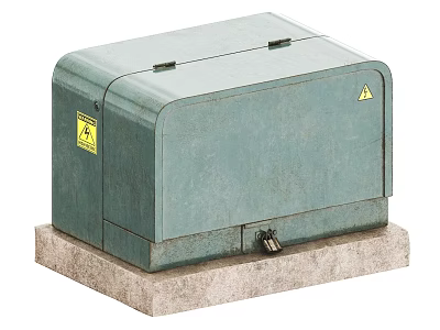 Industrial Equipment Green Enclosure With Concrete Base And Yellow Warning Labels 3d model