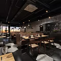 Modern Restaurant Interior With Wooden Walls Large Windows Sunset View Tables Chairs And Pendant Lights