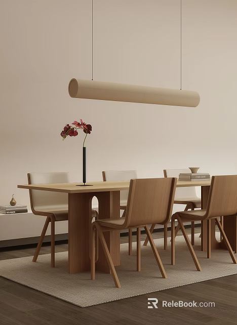 Cozy Restaurant Dining With Wooden Table Chairs Black Vase Red Flowers Long Beige Pendant Light 3d model 