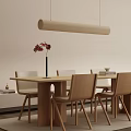 Cozy Restaurant Dining With Wooden Table Chairs Black Vase Red Flowers Long Beige Pendant Light