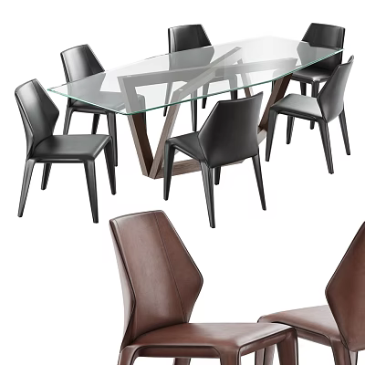 Modern Dining Table Set With Glass Top Wooden Legs And Leather Chairs 3d model