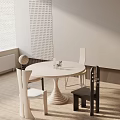 White Round Dining Table with Black and White Chairs Perforated Wall Panel and Shutter Window 3d model