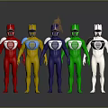 Game and Movie Characters in Red Yellow Blue Green White Costumes With Unique Helmet Designs