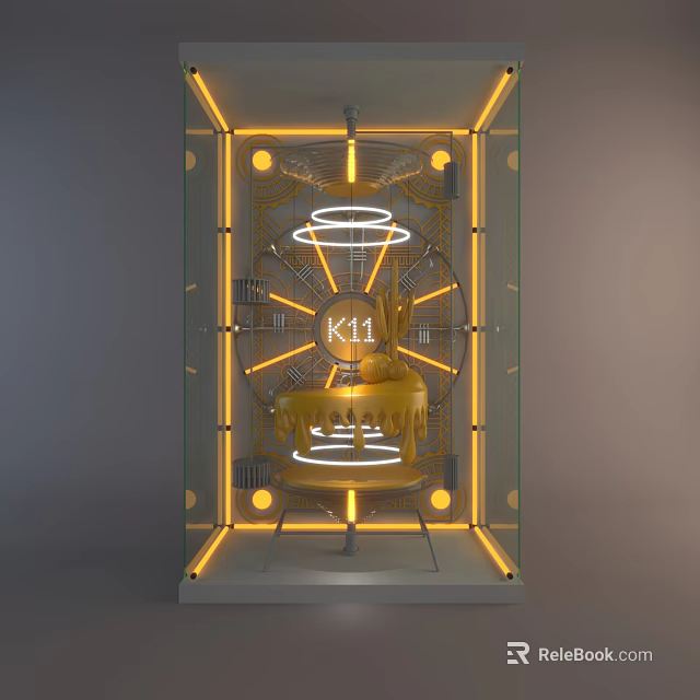 K11 Golden Window Display With Circular Rings And Cake Shaped Decor 3d model 