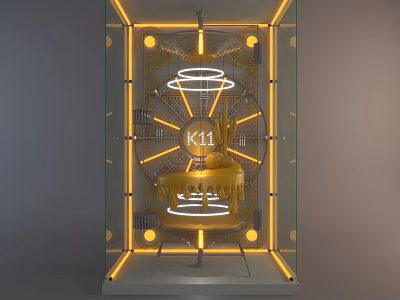 K11 Golden Window Display With Circular Rings And Cake Shaped Decor 3d model