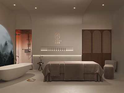 Elegant Minimalist Spa Room With Massage Bed Bathtub Wooden Panels And Foot Therapy 3d model
