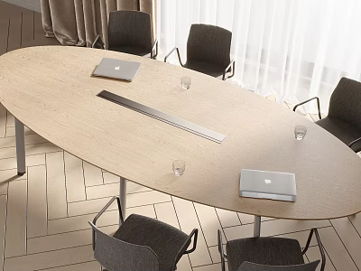Oval Conference Table with Laptops Glasses and Chairs in Office with Wooden Floor and Curtains 3d model