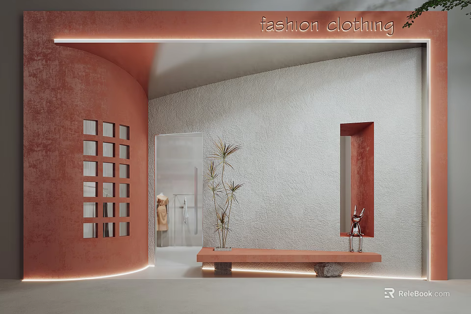 Fashion Clothing Storefront Featuring Coral Curved Walls White Textured Design Green Plants And Bench 3d model 