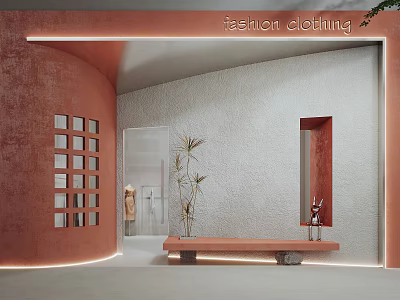 Fashion Clothing Storefront Featuring Coral Curved Walls White Textured Design Green Plants And Bench 3d model