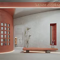 Fashion Clothing Storefront Featuring Coral Curved Walls White Textured Design Green Plants And Bench
