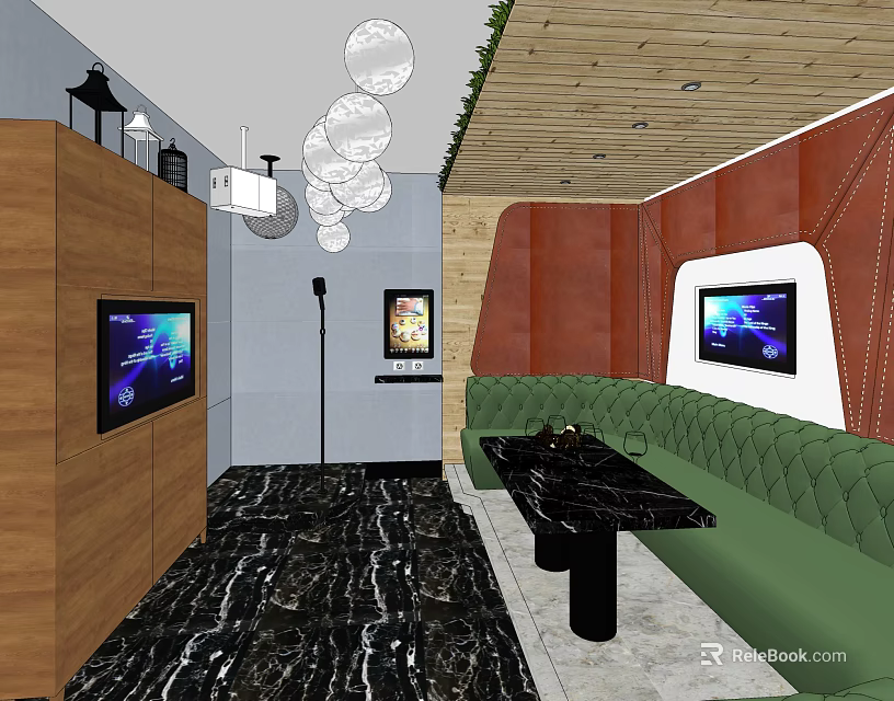 KTV Room Interior With Green Sofa Black Marble Table TV Screens And Pendant Lights 3d model 